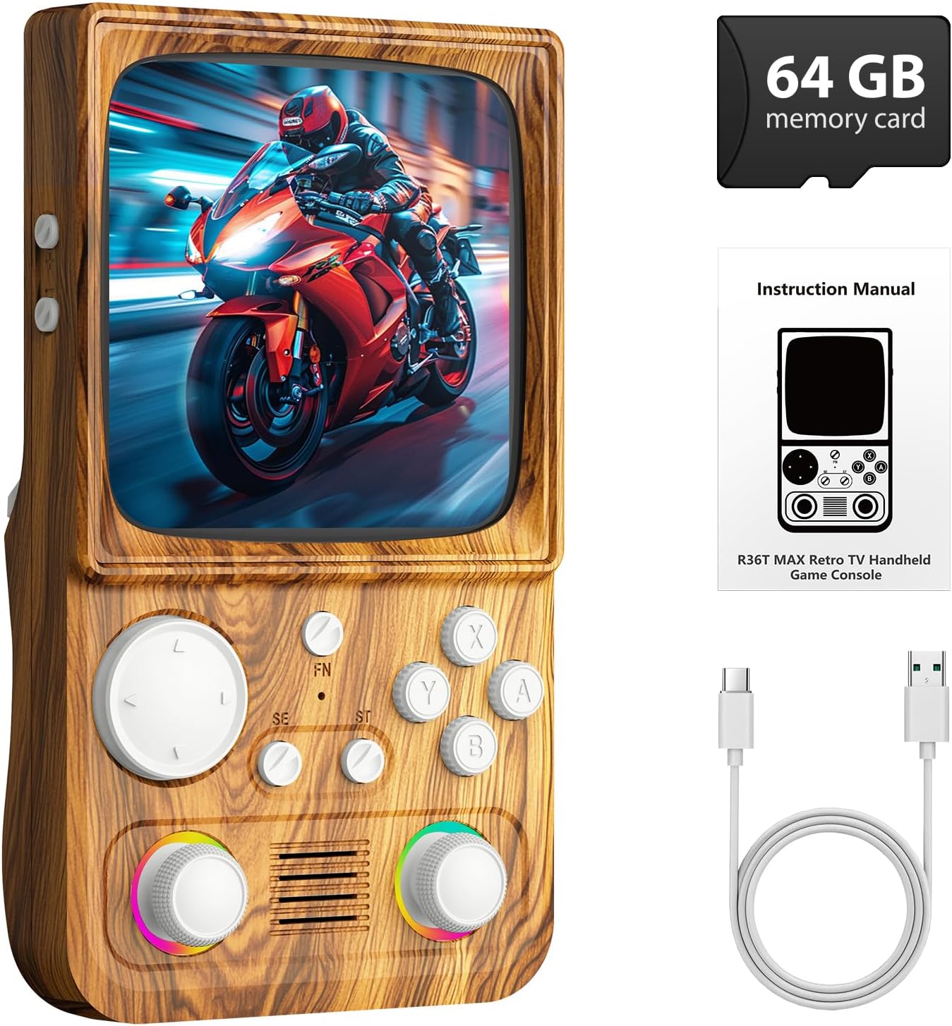 R36TMAX Retro Handheld Game Console, 4 Inch IPS HD Screen Retro Gaming Console,Supports WiFi Networked Fighting and OTG,Compatible with a Large Variety of Classic Games,Built-in 64G,Wood Grain Brown