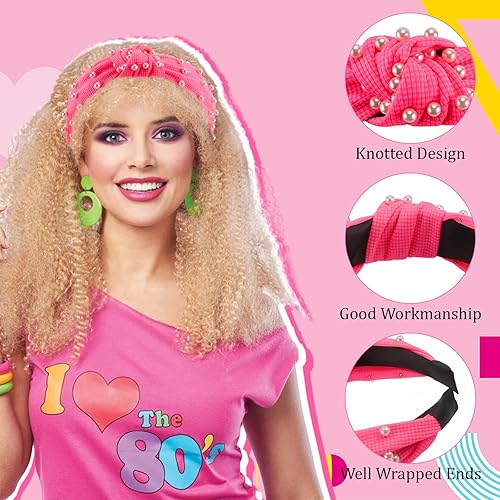 Miniatura 5 de 2 diademas anudadas de neón con decoración de perlas, diademas rosa neón y amarillo para mujer, accesorios retro de los años 80 y 90 para fiestas