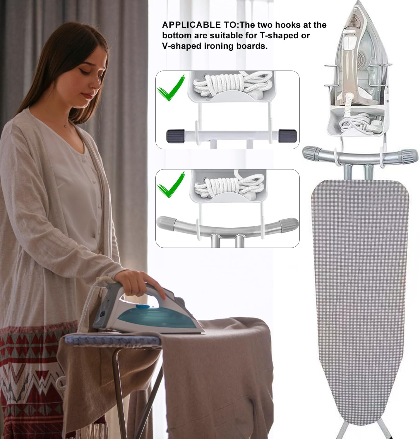 Ironing Board Hanger Wall Mount Iron Holder Iron and Ironing Board Storage Organizer Shelf with Removable Hooks for Laundry Room Bathroom Hotels