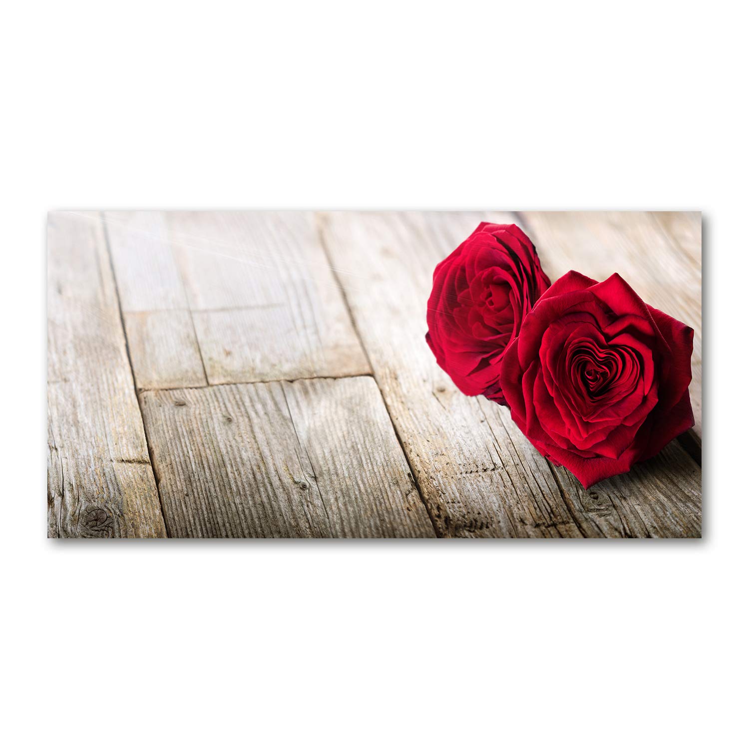 Tableau sur verre 120x60 cm panoramique avec fleurs de roses rouges sur bois pour cuisine
