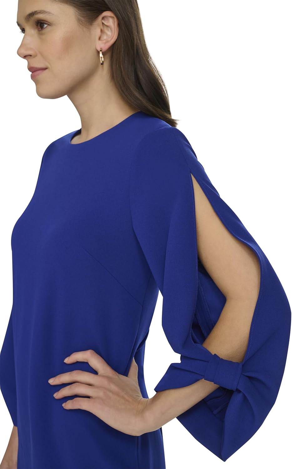 Calvin Klein Womens Long Tie Sleeve Crepe Shift Mini Dress - Image 4