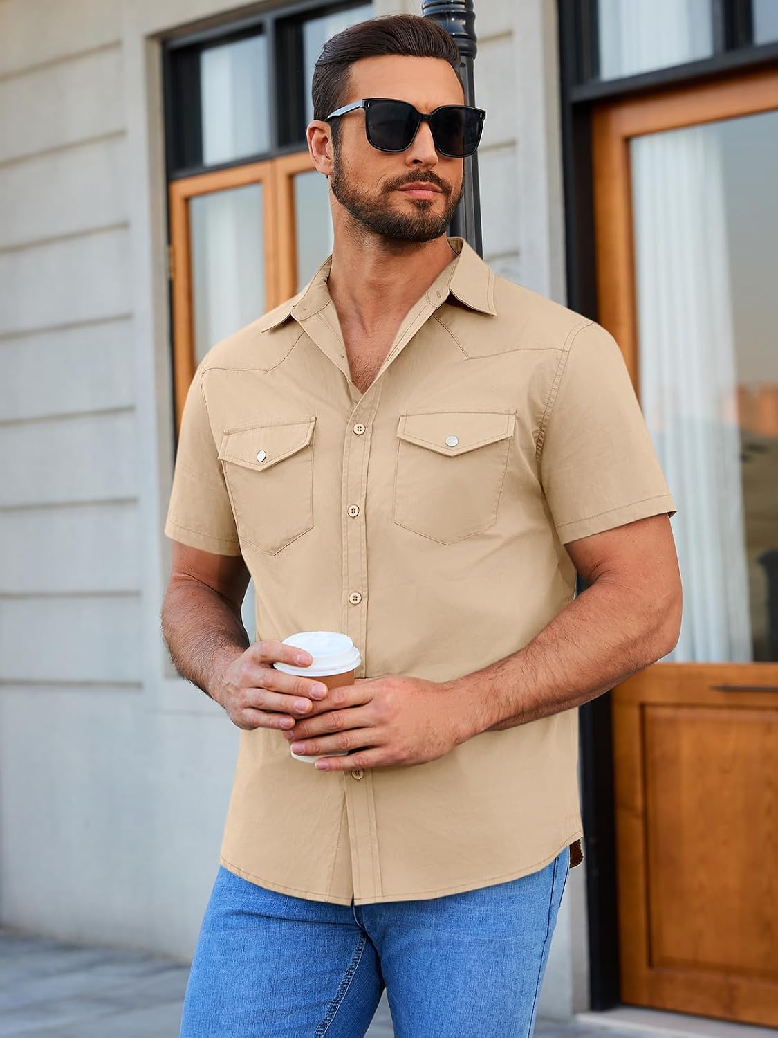 Runcati Mens Short Sleeve Linen Button Down Shirt Work Western Cowboy Tops | Summer Casual Shirt, Beach Vacation Tops, Chest Pockets