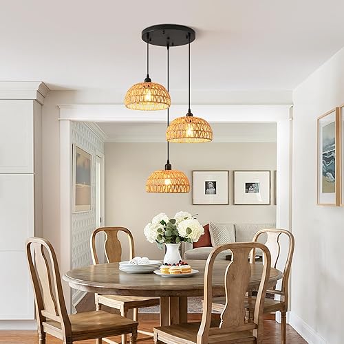 Miniatura 6 de hualuosi Lámpara colgante tejida de bambú, 14.82 pulgadas, estilo costero de ratán tejido a mano, lámparas colgantes de mimbre bohemio para granja,