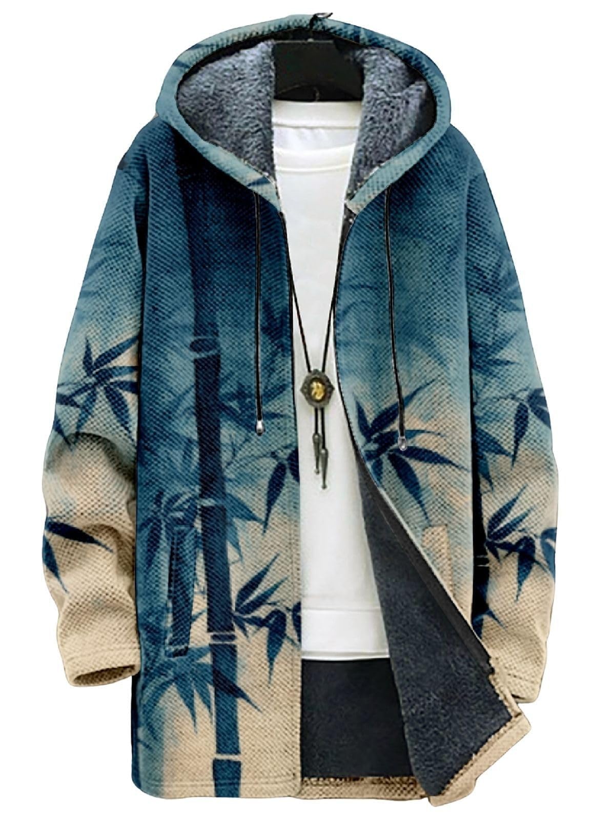 - 2025 Men's Ethnic Pattern Hooded Jacket Long Cardigan Hoodies Full Zip Vintage Knitted Zipper Coat with Pocket