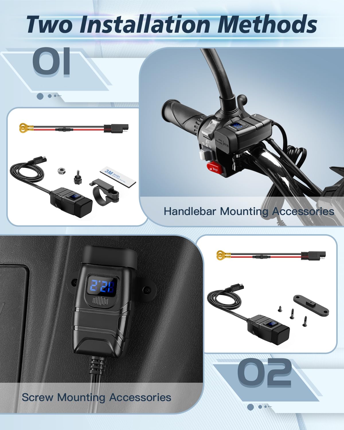 EXTRACTME Ładowarka do telefonu motocyklowego, 6,4 A, podwójne USB typu C PD i szybkie ładowanie 3.0, motocyklowa, ładowarka USB z woltomierzem i włącznikiem/wyłącznikiem, wodoodporne akcesoria