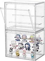 SANKEU 2-Pack Clear Acrylic 3-Tier Display Case with Adjustable Shelves, Movable Plates & Magnetic Door for Mini Action Figures (10.6x7.1x8.7in Small)
