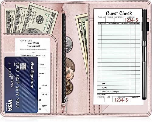 Miniatura 19 de Libreta organizadora para meseros Fintie con bolsillo con cremallera, de piel sintética para restaurante, tarjetero para presentadores de cheques