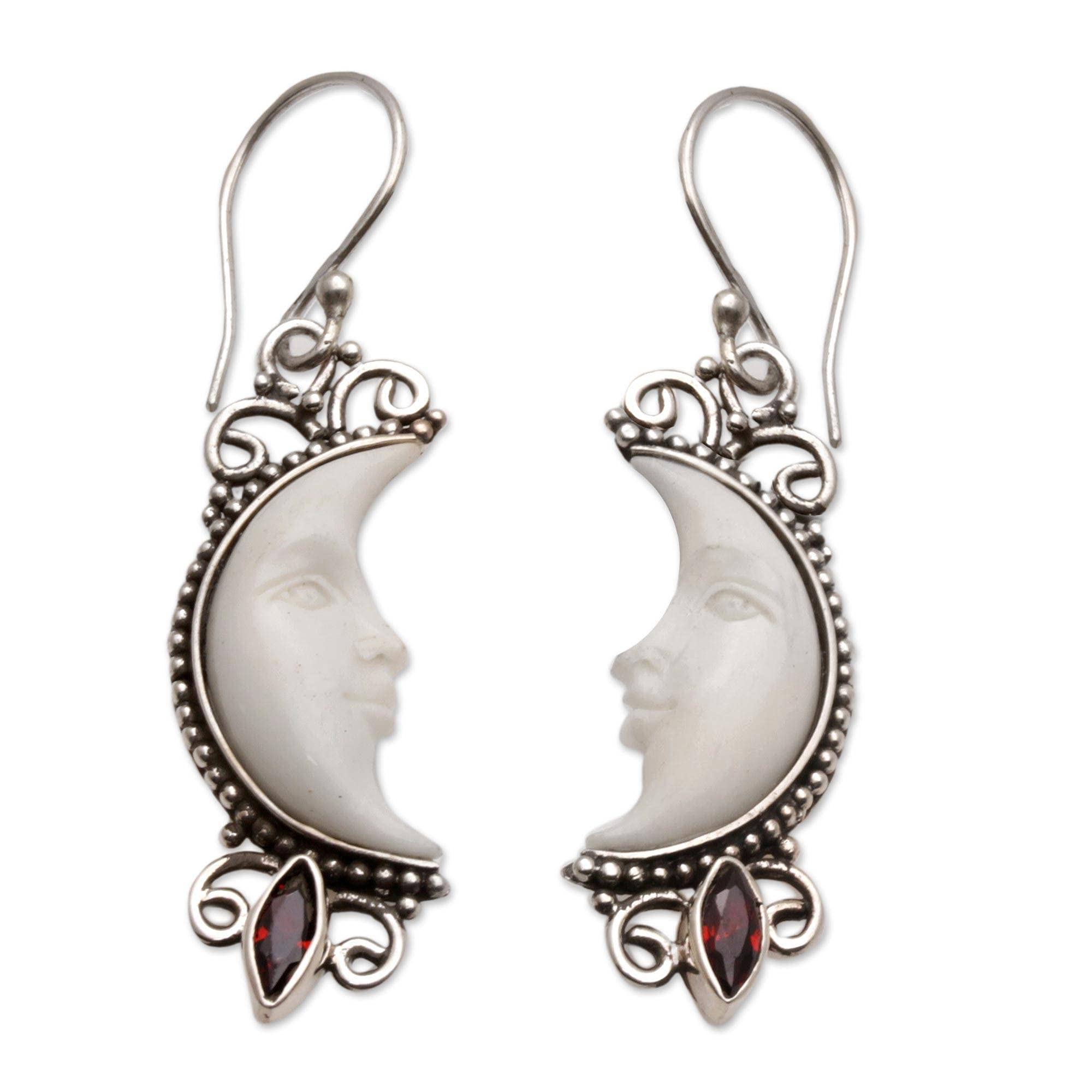NOVICA Artisan Handmade Garnet Dangle Earrings Silver Crescent Moon from Bali Sterling Red White Indonesia Sun Birthstone 'Crescent Moons'