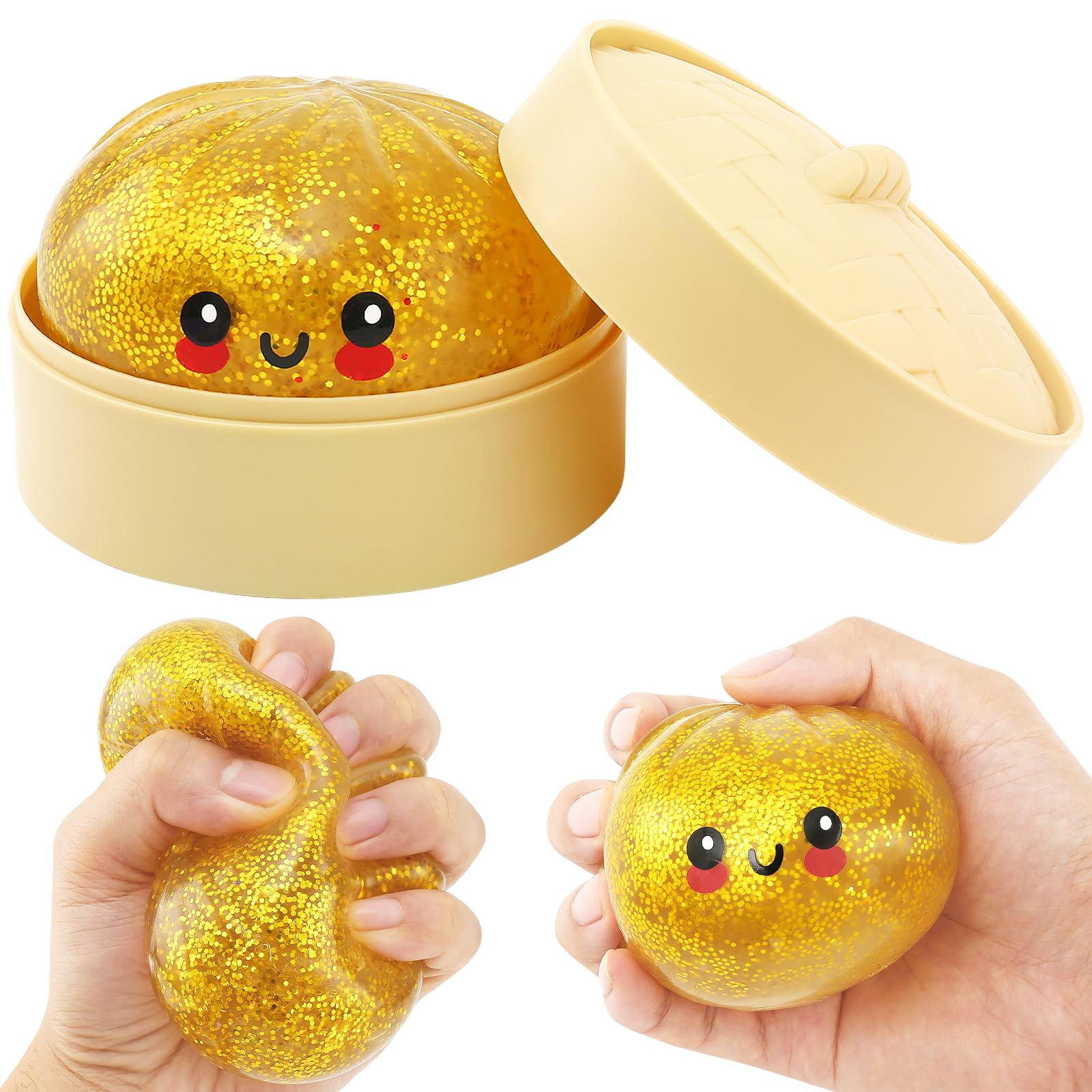 RZCOMP Dumpling Squishy Glitter Dumpling Squishy Toys with Plastic Steamer Box,Big Dumpling Squishy Stress Relief Fidget Novelty Squeeze Toys Gift for Adults & kids (Gold) — image 1
