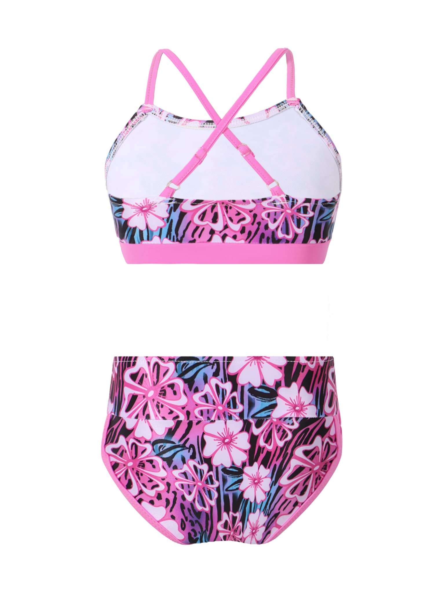 TTAO Kid Girl's Two Piece Tankini Swimsuit Cross Back Swim Top with Bottom Beach Bathing Suit Gardenia Rose 8 Years