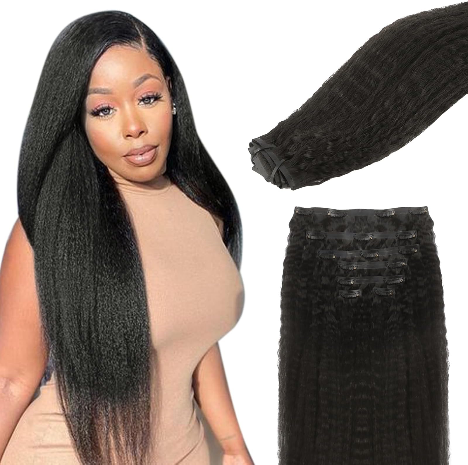 Lashey Clip in Hair Extensions Real Human Hair 110g Kinky Straight Seamless Clip in Hair Extensions Natural Black 18 Inch Human Hair with Invisi Edge for Black Women
