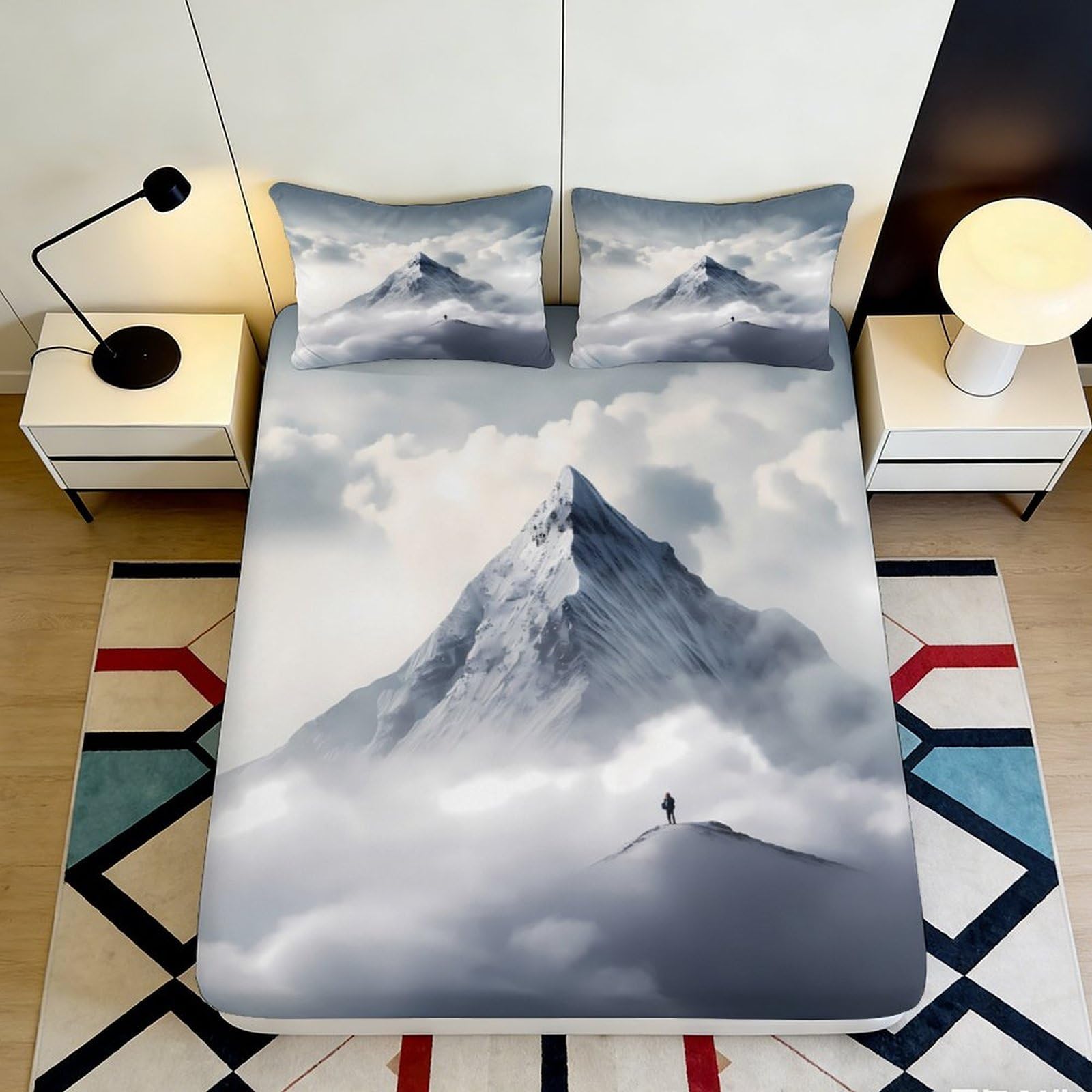 3D Printed Mountain Peak Fitted Sheet Microfiber Cloud Landscape Bed Cover for Bedroom Dorm Protection Decor 90x200x25cm