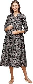 MomToBe Women's Fit And Flare Midi Rayon Maternity Dress/Pregnancy Dress/Easy Breastfeeding Dress/Western Dress with Zippe...
