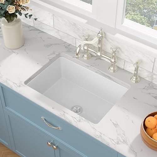 Miniatura 9 de Sarlai Fregadero blanco de 27 pulgadas de arcilla refractaria de 27 x 19 pulgadas, fregadero de cocina blanco de doble caída y montaje inferior,