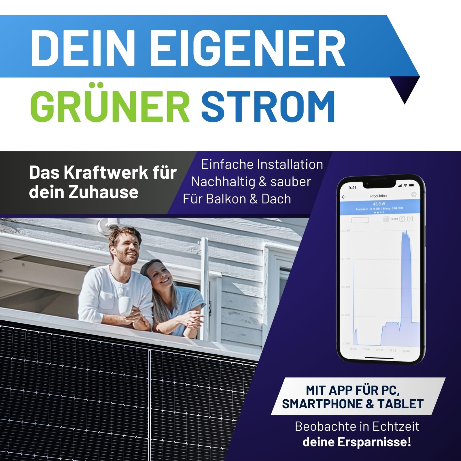 Balkonkraftwerk Komplettset I 890Wp Solarmodul, Hoymiles HMS-800W-2T Wechselrichter, flache 0° Balkonmontage & 10m Kabel I Bifaziale Solaranlage für 20% mehr Stromgewinnung von Zuhause