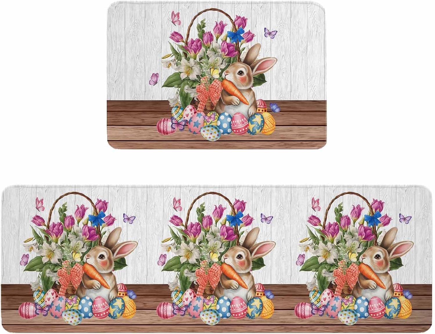 Easter Kitchen Rugs and Mats Set of 2, Non-Slip Kitchen Sink Mat, Vintage Spring Bunny Eggs Flowers Butterfly Plaid Washable Doormat Bathroom Rugs Runner for Bedroom/Living Room 17.7"x30"+17.7"x47.2"
