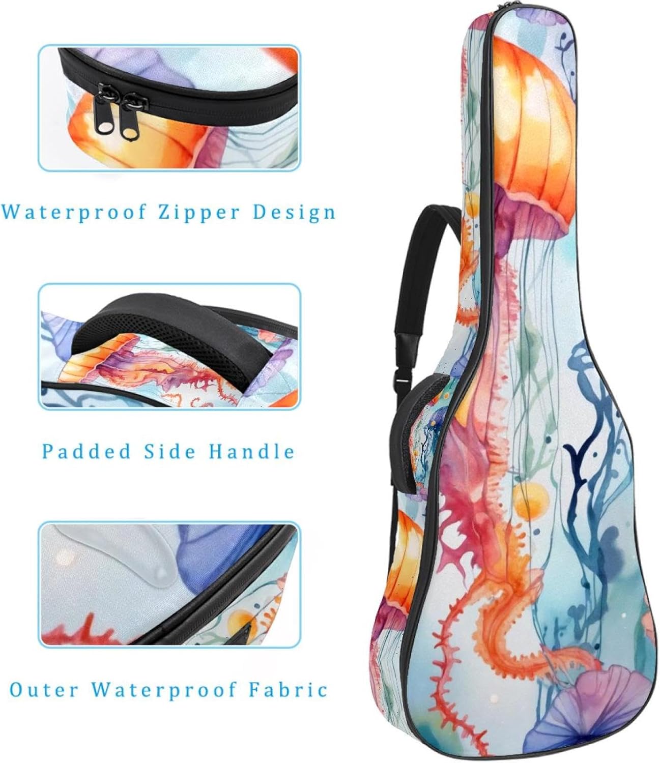 Acoustic Guitar Bag, 40 41 42 Inch Guitar Case Cover Soft Guitar Gig Bag for Acoustic Electric Bass Classical Guitar, Watercolor Sea Jellyfish Seahorse Shell Starfish Coral