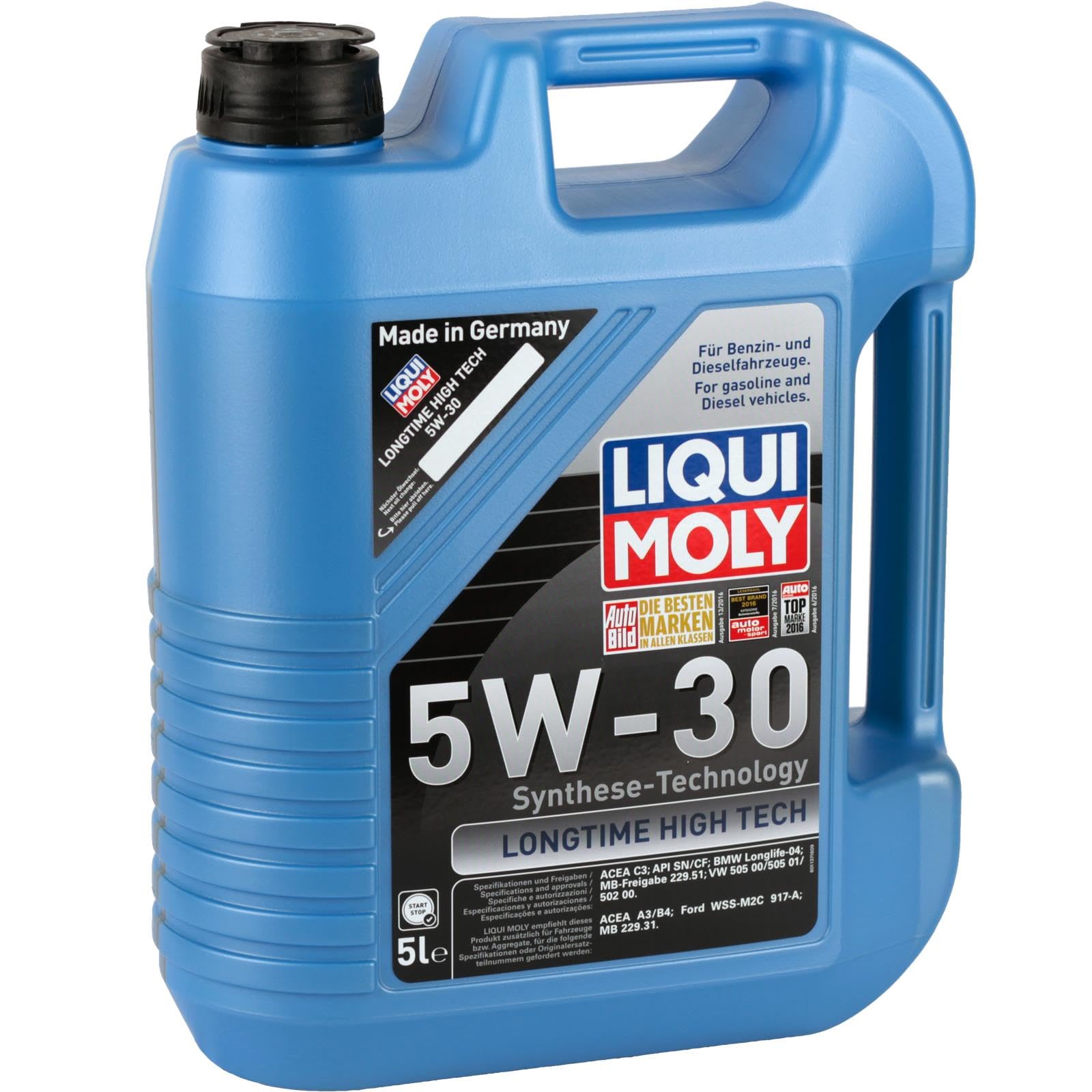 LIQUI MOLY Aceite de motor 5W-30 Longtime High Tech Aceite sintetico aceite ACEA C3 ACEA C2 API SP 5L Compatible con VW Polo V Hatchback 6R1, 6C1 up! Hatchback 121, 122, BL1, BL2, BL3, 123, TOYOTA | 1137, Longtime High Tech 5W-30