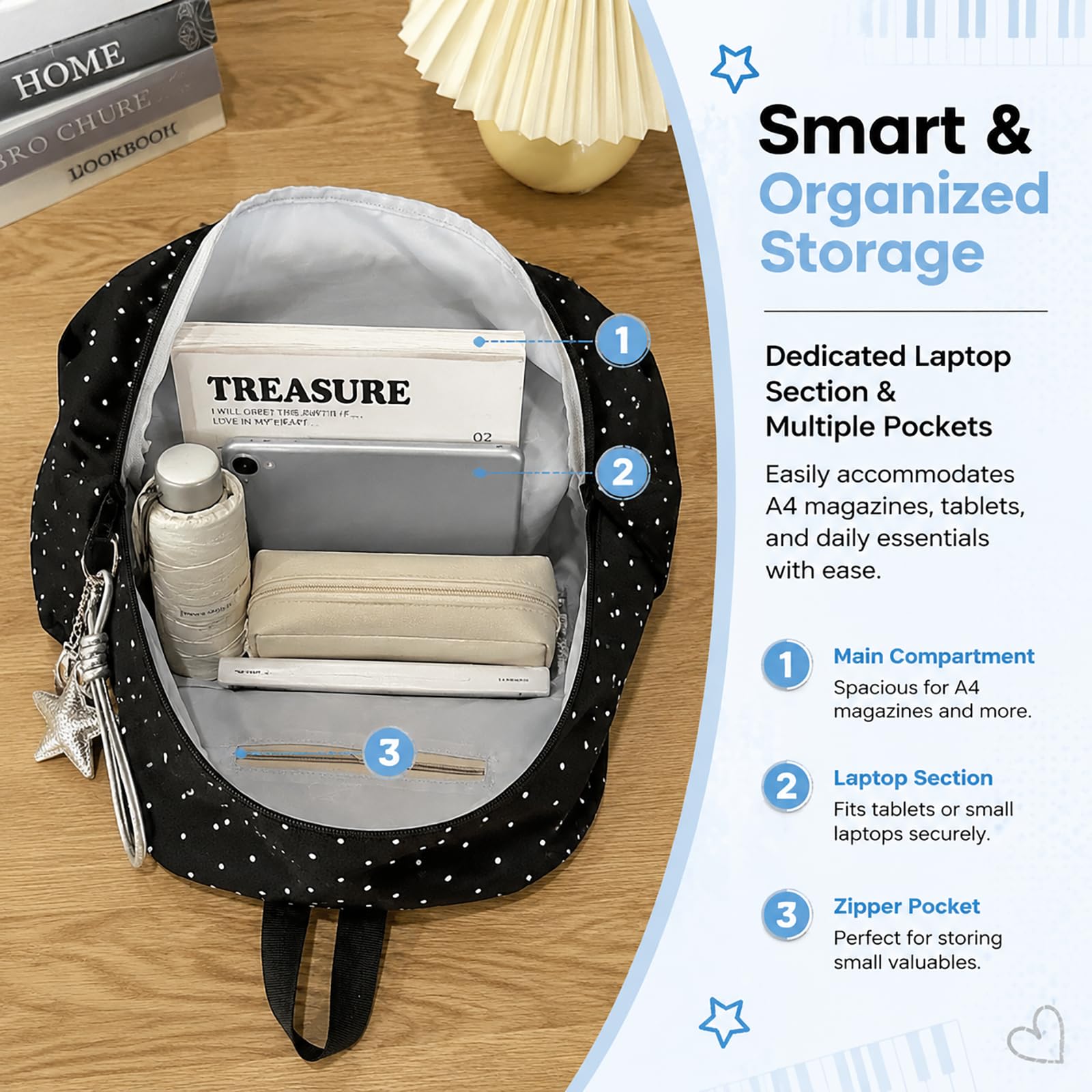 Piano Backpack With Polka Dot Pattern, Cutecore Style Daypack For High School Students, Travel And Everyday Use (Two Pcs)