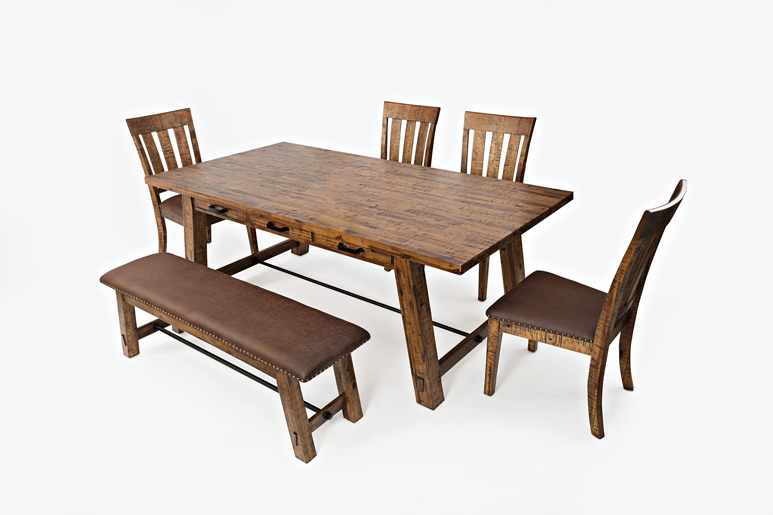 Jofran Cannon Valley Rustic Industrial Brown 82" Table + 4 Slat Dining Chairs + Bench, Distressed Medium Brown