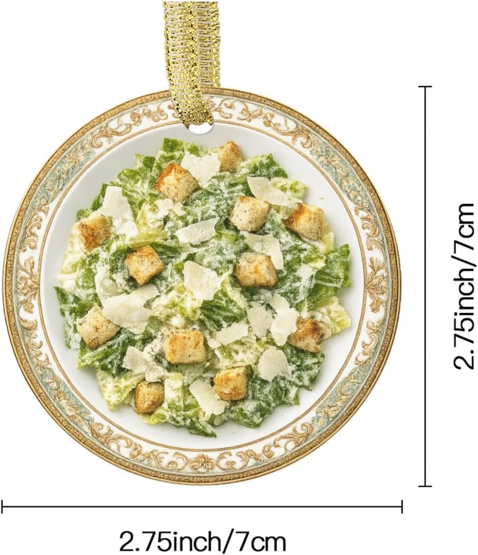 Caesar Salad Romaine Lettuce Parmesan Croutons Creamy Dressing Fresh Salad Dish Personalized Food Flat Printed Image on Ceramic Ornament – NOT 3D, Custom Text Back, Christmas Ornament