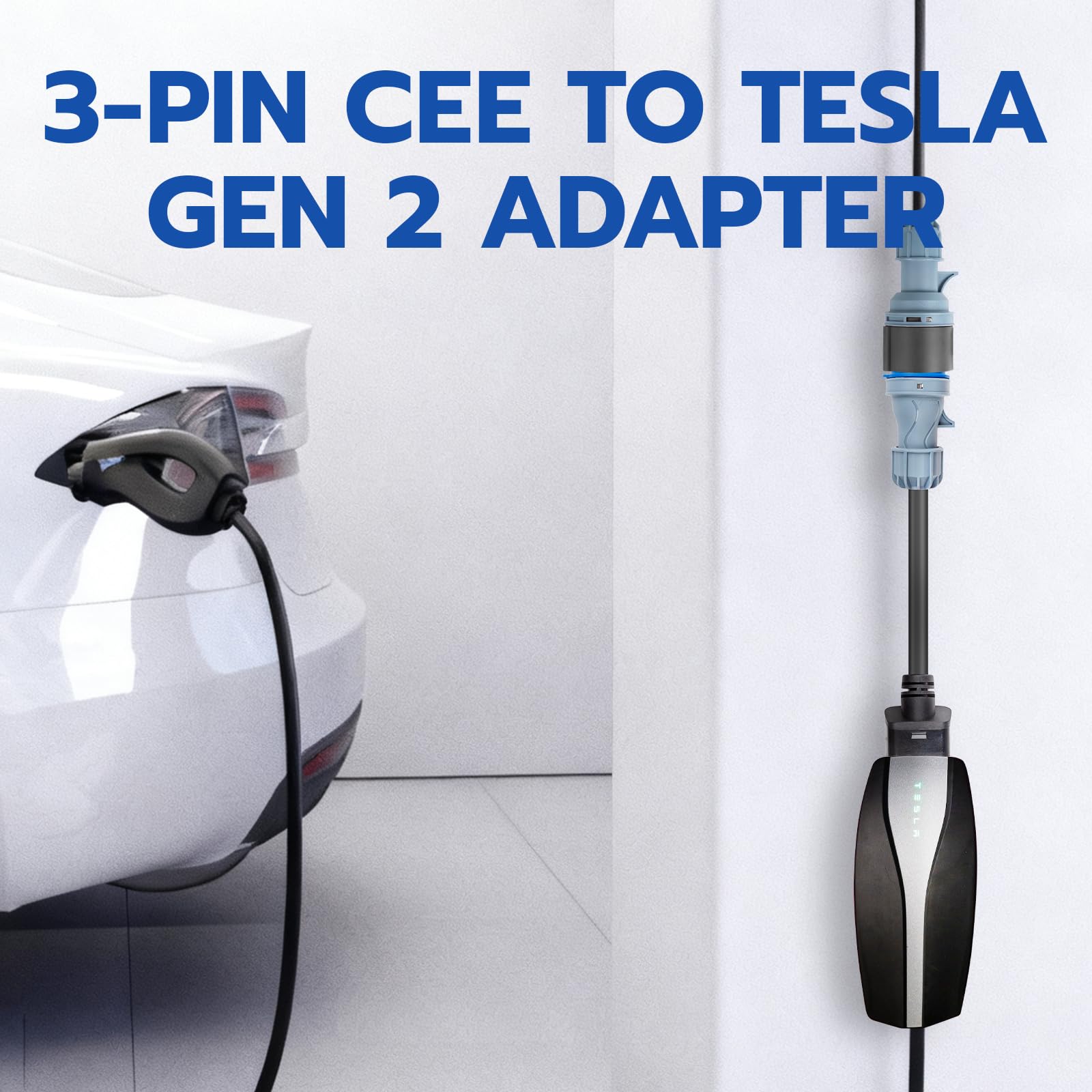 Tesla-Adapter auf CEE Adapter 3 Pin 16A, 0,3 m Tragbares CEE Verlängerungskabel, Tesla Charger Adapter für EV(3 Pin 16A)