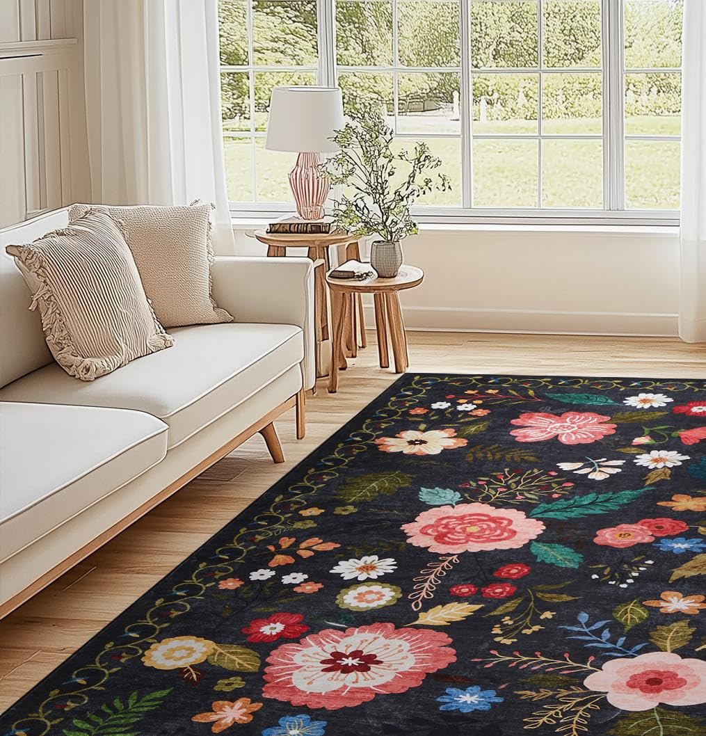 Area Rugs 3x5 for Living Room, Samll Ultra Thin Floral Rug for Bedrooms Shag Non-Slip Soft Washable Indoor, Carpet Boho Low-Pile for Nursery, ‎Dining Room, Office, Farmhouse(Vintage Black)