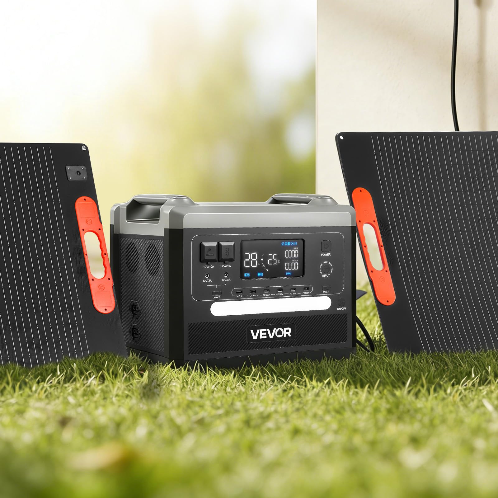 VEVOR Tragbare Powerstation, 2400-W-Solargenerator mit 2 faltbaren 200-W-Solarpanels, erweiterbarer 2160-Wh-LiFePO4-Akku mit 10 Ausgängen für Notstromversorgung zu Hause, beim Camping und im Wohnmobil