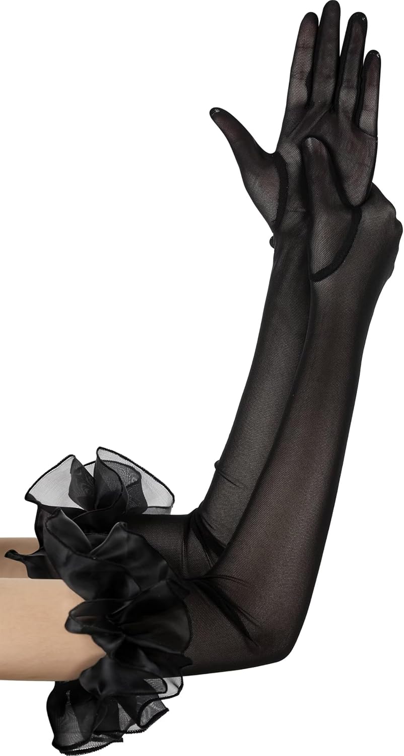 Women's Long Puff Sleeve Oversize Ruffle Cuff Sheer Gloves Tulle Mesh Gloves for Wedding Opera Party Costume - Image 2