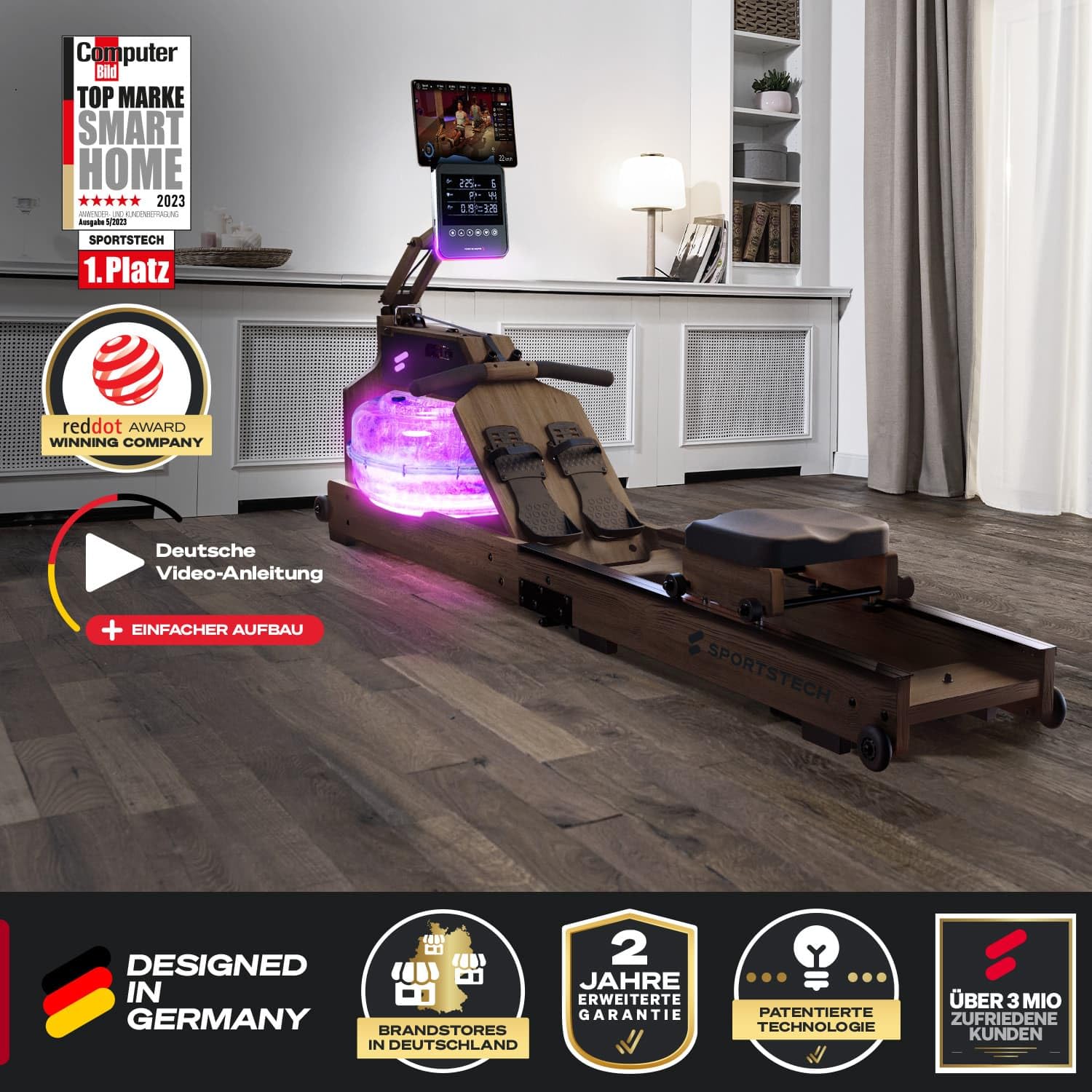 Sportstech Premium Rudergerät Wasser für Zuhause, Rudermaschine mit LED-Wassertank, Water Rower klappbar, Deutsches Qualitätsunternehmen, App mit Workout Kursen+ Tablethalterung, Massivholz, WRX1000