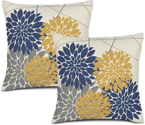 Juego de 2 fundas de almohada de color azul marino de 16 x 16 pulgadas, estampado de flores de dalia gris, decoración al aire libre, fundas de cojín