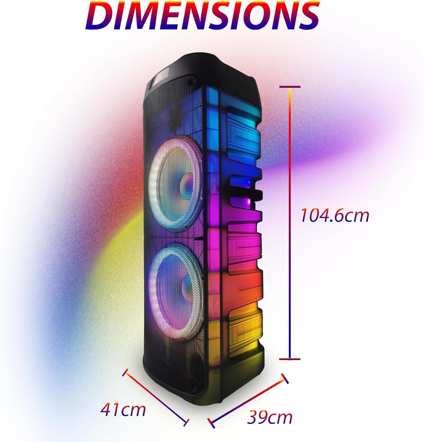 EMB PKL6000 speaker with dimensions labeled: 104.6cm height, 41cm width, 39cm depth