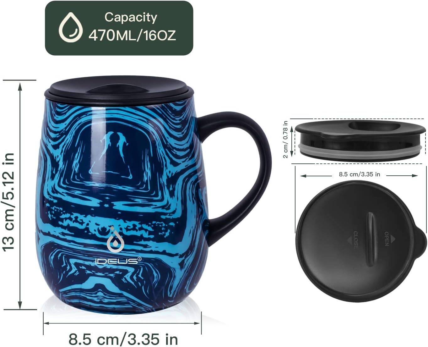 Ideus 16 oz Insulated Coffee Mug with Handle and Lid, Double Wall Stainless Steel Vacuum Thermal Coffee Mug, Travel Coffee Cup Thermal Cup for Home and Office, Blue Zebra - Image 3