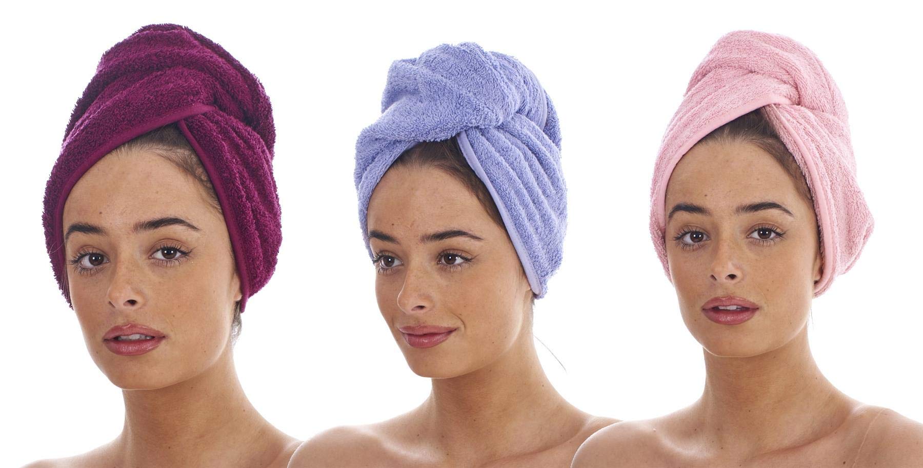 KeanuPack of 3 Luxury Hair Turban Towels, Hair Drying Towel with Loop and Button Fastener, 100% Cotton, 64 x 23cm - Berry, Lilac, Pink