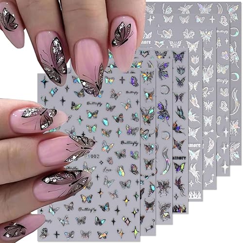 BSBTBZ Butterfly 3D Self-Adhesive Nail Art Stickers, Shiny Glitter Decals