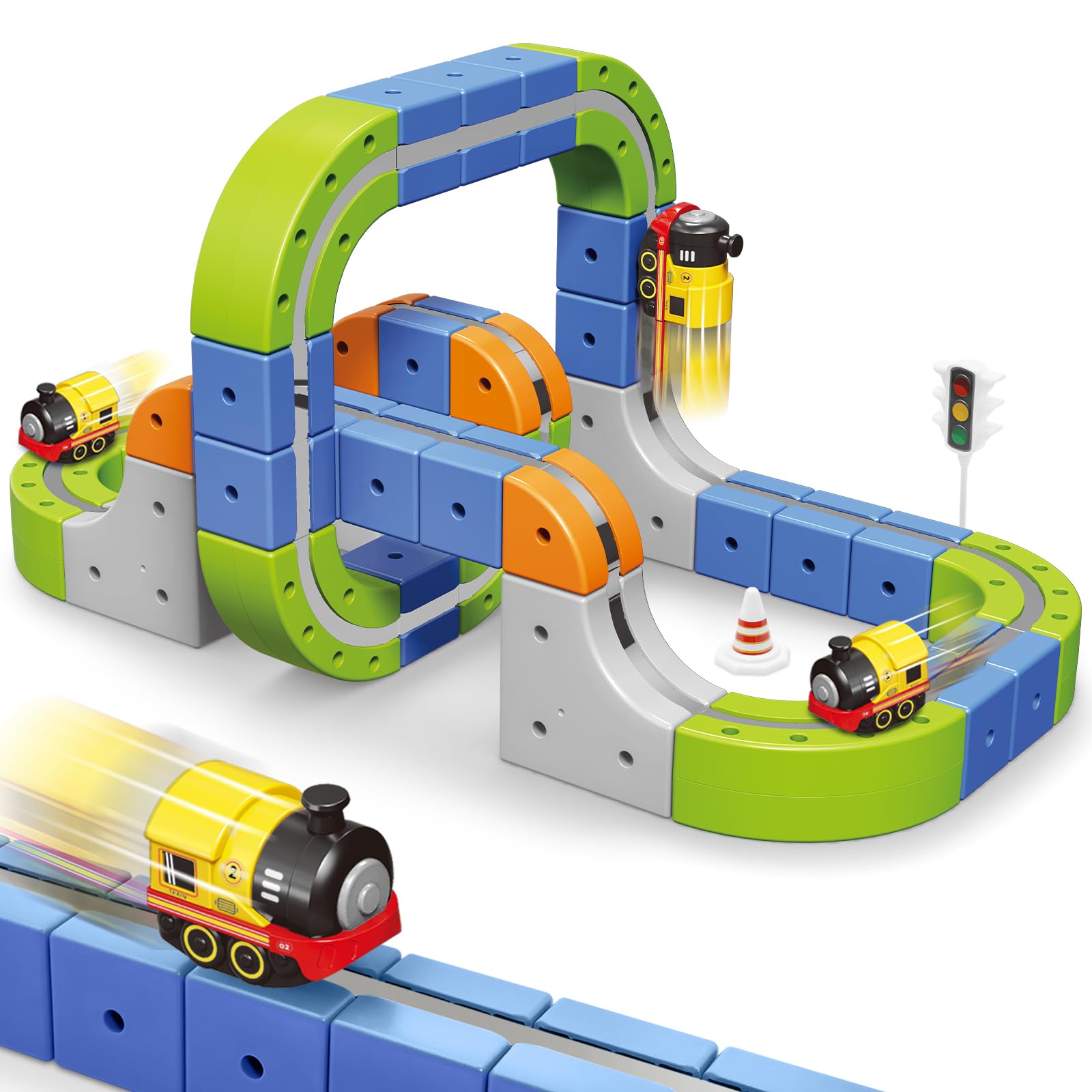Magnetic Track Car Toys, 69PCS Flexible Race Car Track Sets for Toddlers with Electric Train, Traffic Signs, Kids Train Set Toys for 3 4 5 6 7 8 Year Old Boys Girls Birthday Party Gift-Medium