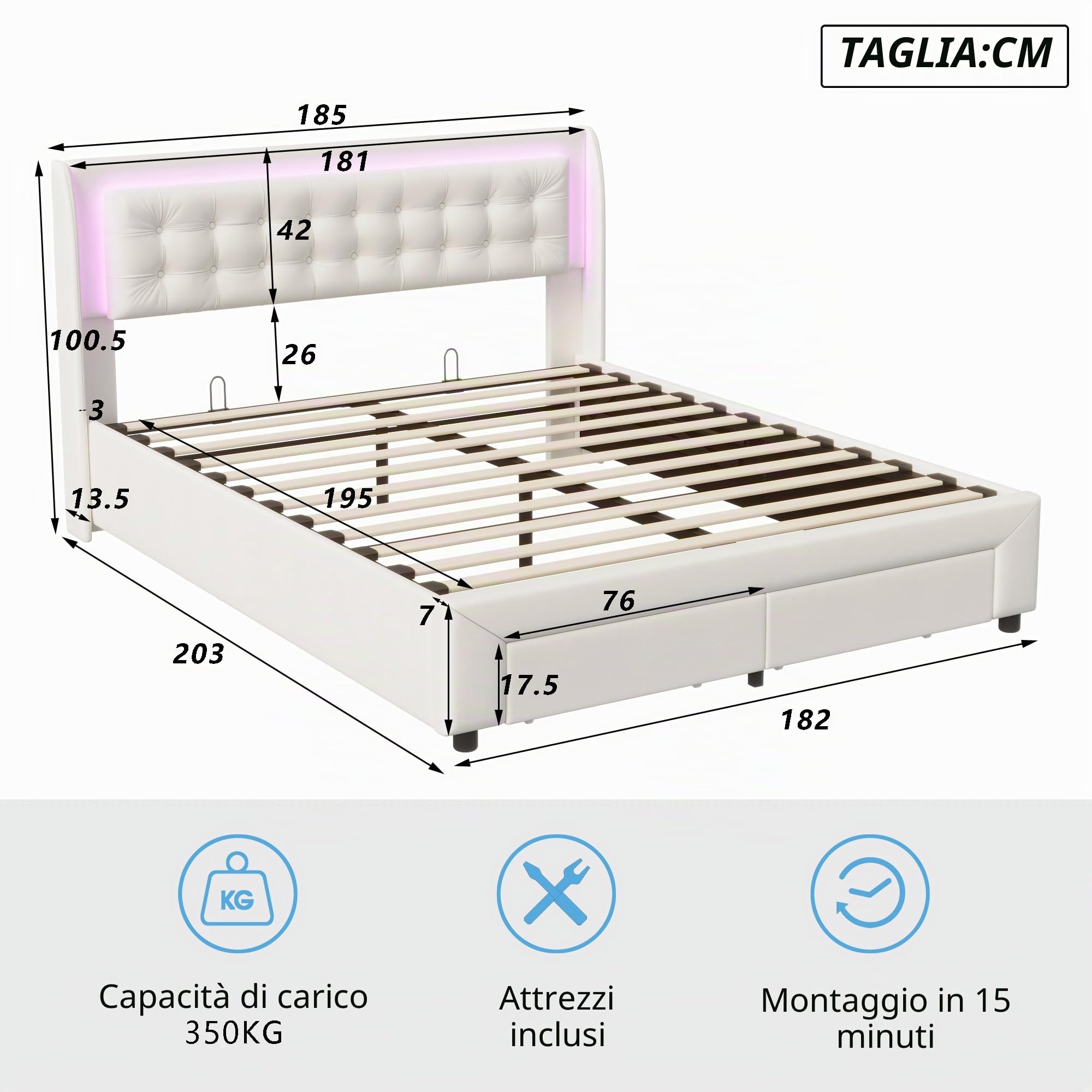 BRILVERDE Letto Imbottito 180x200 con Contenitore cassetti, Letto matrimoniale con LED, con testiera, Struttura Letto con Rete a doghe, Velluto (Beige, 180 x 200 cm)