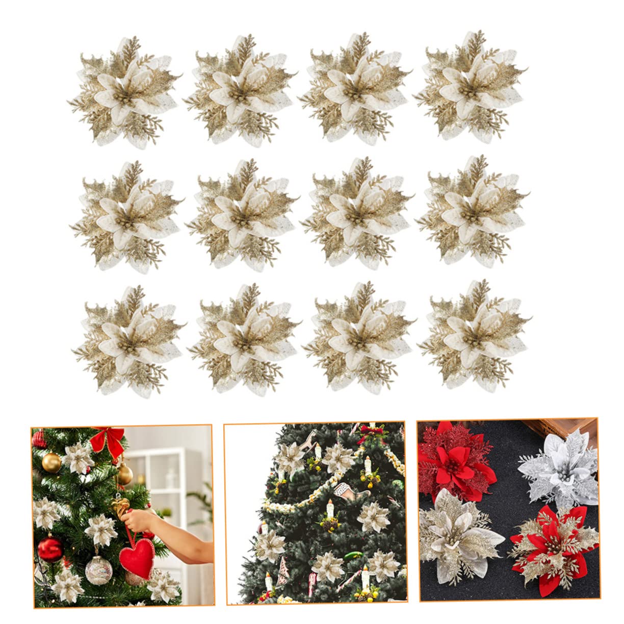 1 Ensemble 12 pièces Simulation de Fleur de noël pétale de Poinsettia Fleur de noël Faux Poinsettia de noël Ornements d'arbre de noël Fleur Artificielle décorations en Tissu Poudre