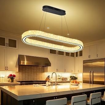 Oval Chandelier Crystal Chandelier for Dining Room Linear Crystal Ring Pendant Light for Kitchen Island LED Dimmable Pendant Lighting Black 40in