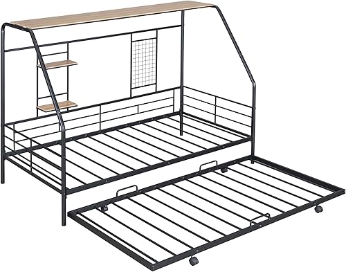Miniatura 140 de Cama de casa de tamaño individual con diseño de valla y techo, marco de cama de metal, marco de cama de piso doble, base de cama Montessori de Color