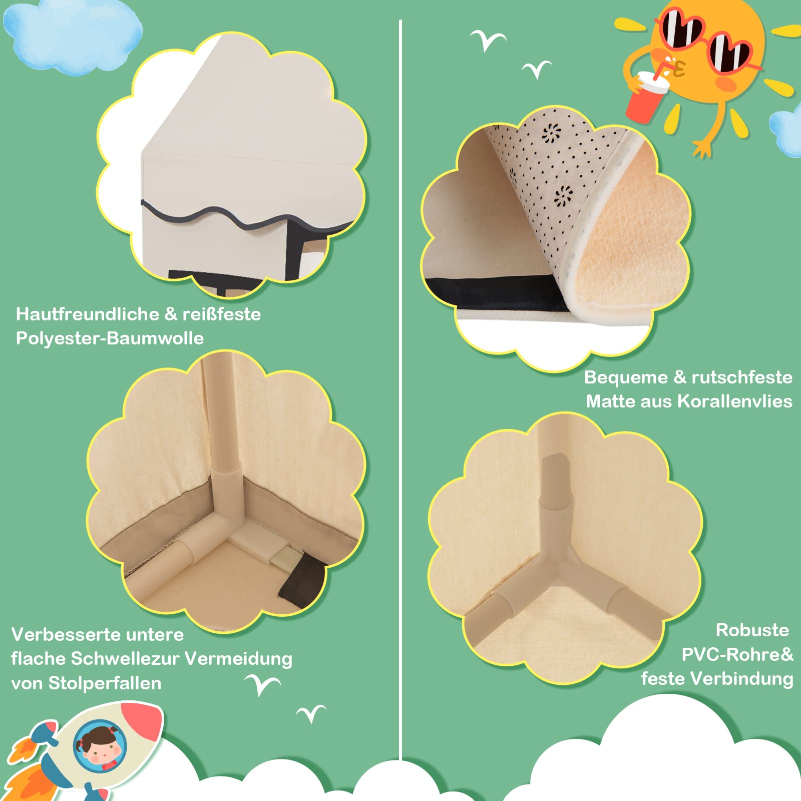 DREAMADE Spielzelt für Kinder mit Lichterkette und gepolsterter Matte, Tipi Zelt, Kinder Spielhaus mit Fenstern, Kinderzelt für Jungs und Mädchen, für Indoor und Outdoor (Beige + Schwarz)