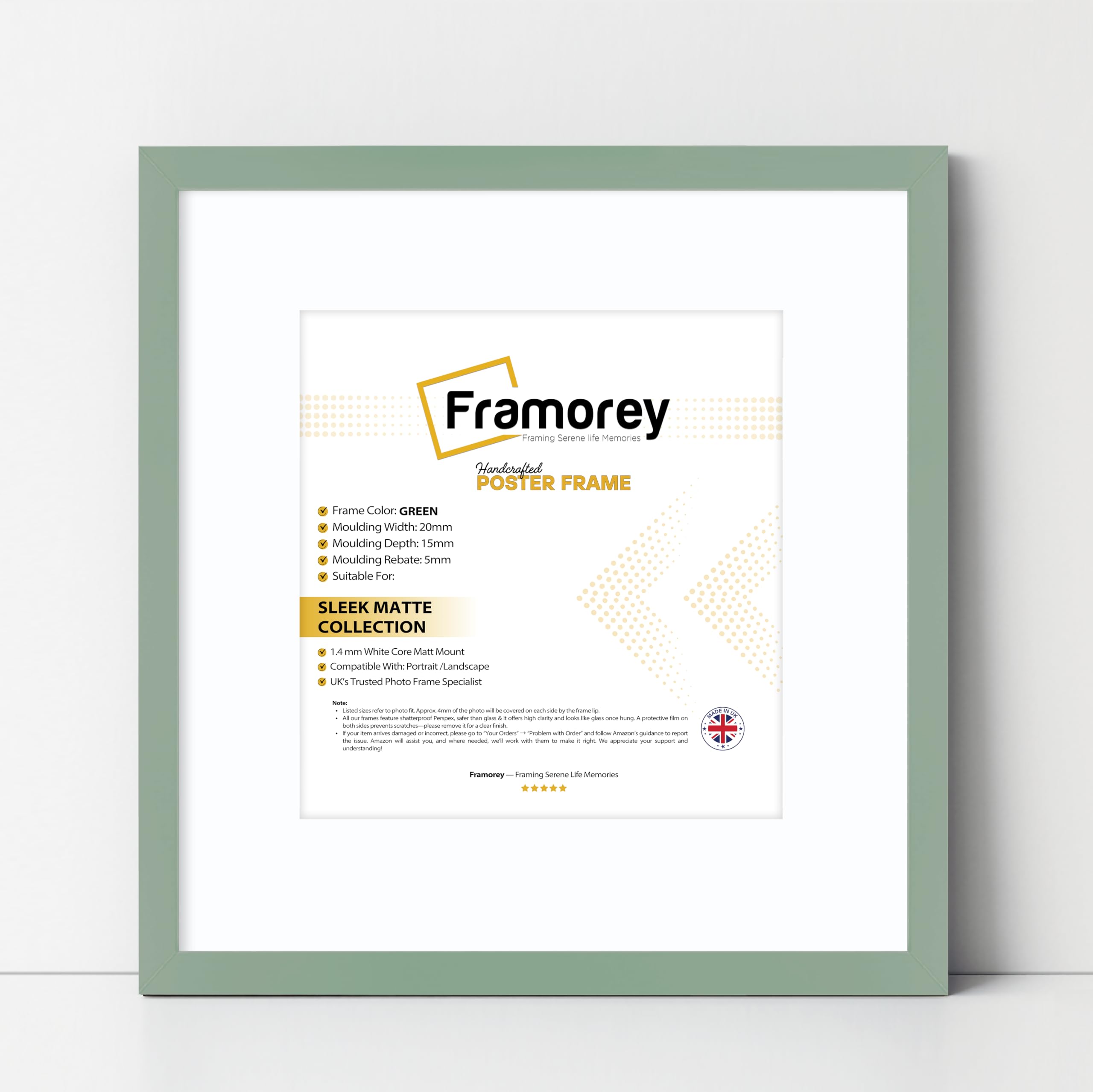 Framorey Framing Serene Life Memories Green With White Framorey Square Size Thin Matt Photo, Handmade Flat Thin Picture Frame, 11X11" Size Green Picture Frame With 9X9" Size White Mount, Photo Print Frame