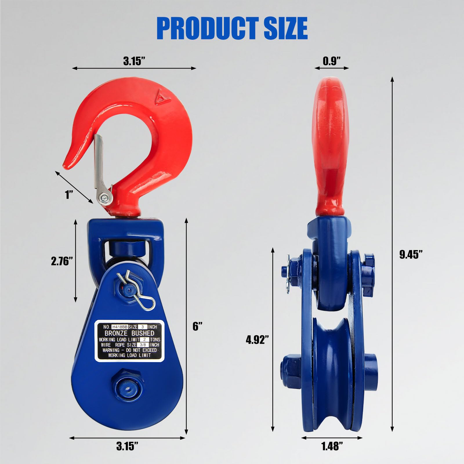 2 PACK) Snatch Block With Hook WLL 2 Ton 3" Sheave 3/8 Inch Wire Rope