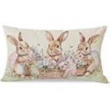 PANDICORN Easter Bunny Throw Pillow Cover 12x20 Inch Rabbit Flower Basket Outdoor Rustic Farmhouse Spring Decorations Wildflower Decorative Cushion Case for Home Sofa Couch Living Room Decor