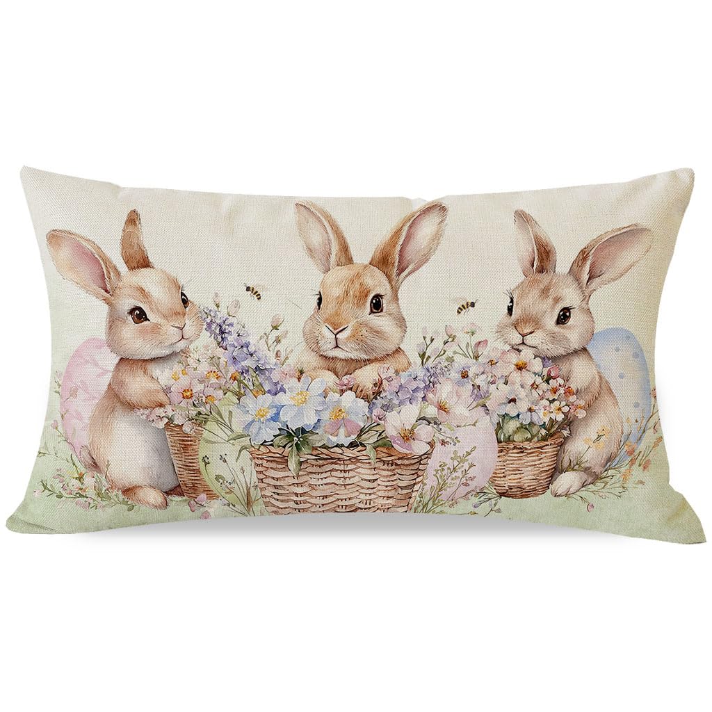 PANDICORN Easter Bunny Throw Pillow Cover 12x20 Inch Rabbit Flower Basket Outdoor Rustic Farmhouse Spring Decorations Wildflower Decorative Cushion