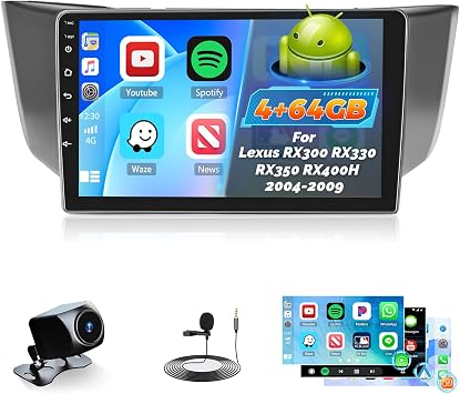 4+64G Android 15 Car Radio for Lexus RX300 RX330 RX350 RX400H 2004-2009, 9 inch 1280 * 720 Touch Screen Car Stereo with Carplay Android Auto 5GHz WiFi GPS Navigation Bluetooth 5.0 FM RDS SWC