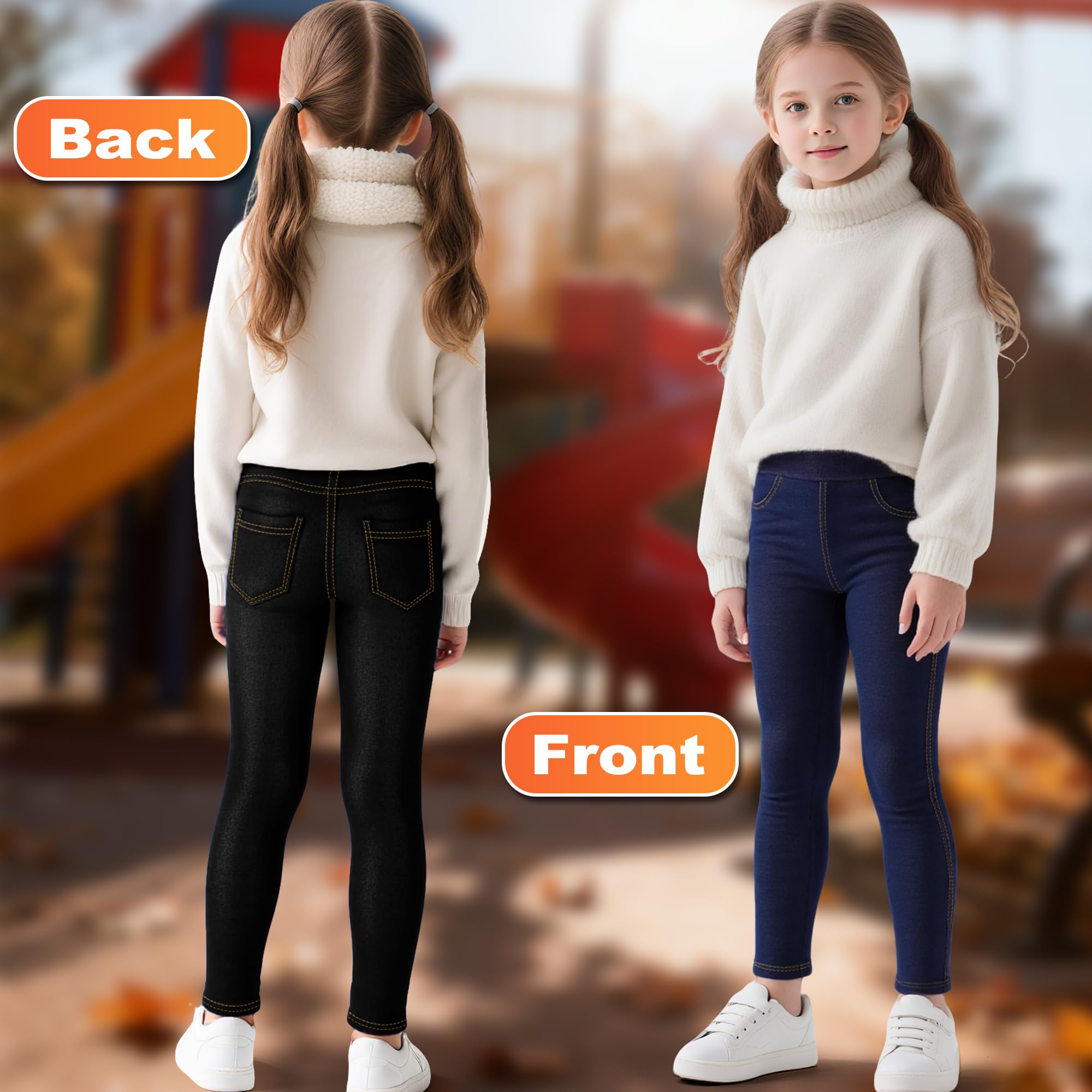 Dziewczęce legginsy termiczne, dżinsy, legginsy z podszewką z polaru, 2 sztuki, wysoka talia legginsy na co dzień ciepłe zimowe slim fit miękkie długie spodnie odzież dziecięca 4-12 lat
