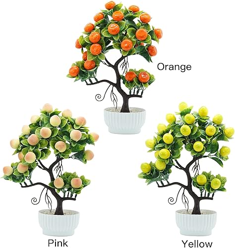 Miniatura 4 de Árbol de durazno artificial bonsái en maceta de 14 pulgadas, mini árbol de frutas artificiales con jarrón amarillo para decoración de escritorio,