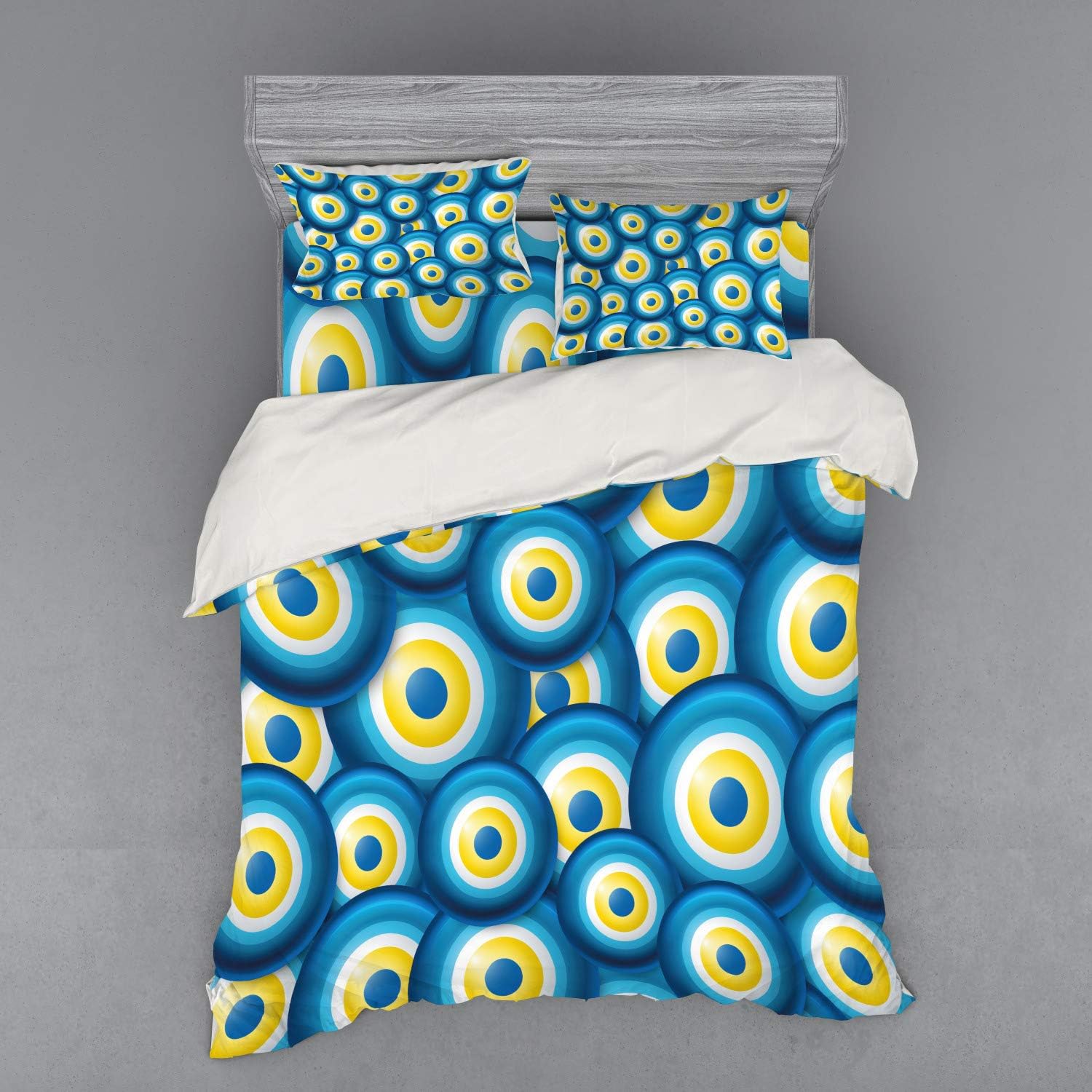 Ambesonne Evil Eye Duvet Cover Set, Overlapping Evil Eye Cultural Ethnicity Turkish Positive Lucky Sign, 4 Piece Bedding Set with Shams and Fitted Sheet, Queen Size, Blue White Yellow