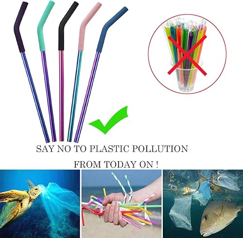 Miniatura 3 de Juego de popotes Senneny 5 popotes de acero inoxidable con puntas flexibles de silicón con codos, incluye 2 cepillos de limpieza y 1 bolsa portátil